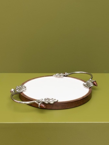 Tavă rotundă din lemn de mango maro și aluminiu argintiu, suprafață albă, mânere cu frunze de stejar și ghinde, finisaj natural, 3 x 45 x 30 cm, „Silva” - Img 3