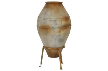 Vas decorativ amforă din metal cu finisaj antichizat bej, 49 x 49 x 93 cm, suport tripod inclus, „Athena"