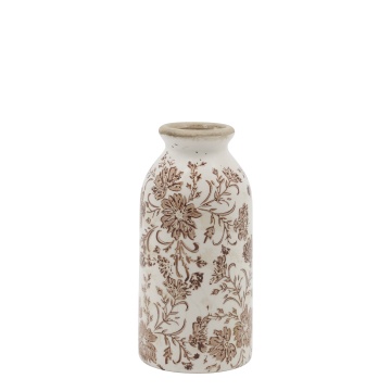 Vază decorativă albă din ceramică antichizată, pictată manual, cu motiv floral natur, 15,5x7,5 cm, „Grenoble"