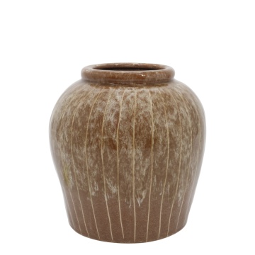 Vază decorativă din ceramică artizanală glazurată maro antichizat, lucrată manual, cu dungi fine, 23x23 cm, „Muscade"