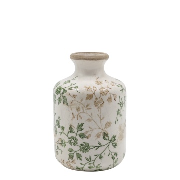 Vază din ceramică albă antichizată, pictată manual, cu decor floral-vegetal, 17,5x11 cm, „Grasse"