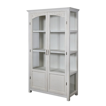 Vitrină albă antichizată din lemn cu uși vitrate și detalii sculptate, finisaj crem antichizat, 3 rafturi, 170×97×41 cm, „Béatrice"