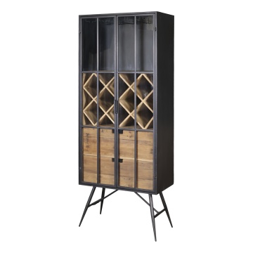 Vitrină bar din metal și lemn reciclat, rastel pentru sticle, suport pahare, finisaj negru antichizat, 170×65×36,5 cm, „Fonderie"