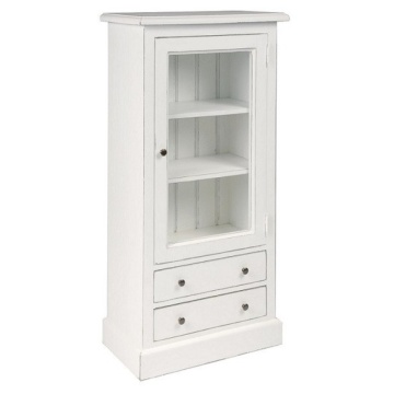 Vitrină îngustă shabby chic din lemn de pin, alb, cu 1 ușă vitrată, 2 rafturi și 2 sertare, finisaj patinat, 120 x 60 x 33 cm, „Lison” - Img 2