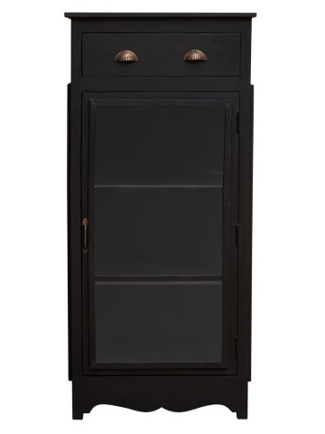 Vitrină mică French Country din lemn masiv de mango, negru, cu 1 ușă vitrată, 3 rafturi, 1 sertar și laterale din sticlă, 140 x 64 x 64 cm, „Majara”
