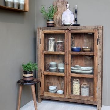 Vitrină rustică din lemn reciclat, natur, cu 2 uși vitrate, 3 rafturi și mânere în formă de inel, 105 x 85 x 18 cm, „Grimaud” - Img 2