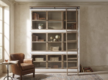 Vitrină vintage din lemn masiv, alb, cu 9 uși vitrate, 3 rafturi și scară de bibliotecă, 240 x 180 x 45 cm, „Labeaume” - Img 2