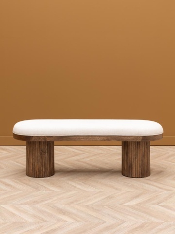 Banchetă din lemn de mango natur cu șezut din bumbac alb și picioare cilindrice cu linii sculpturale, finisaj lucios, 126,5×46×41 cm, „Soucha" - Img 5