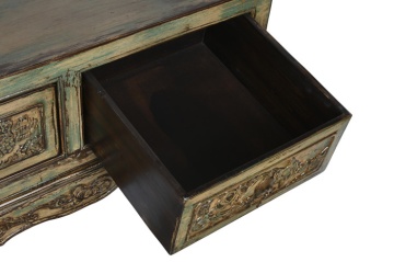 Banchetă orientală sculptată din lemn de ulm, finisaj antichizat multicolor, 4 sertare, 179 x 43 x 58 cm, „Ming" - Img 6
