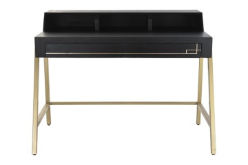 Birou cu sertare din lemn masiv de mango negru și metal auriu, 93,5 x 119 x 70 cm, „Glint”