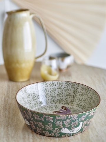 Bol din ceramică cu păsări lila și motive florale verzi pictate manual, 28×9 cm, „Hezha" - Img 7