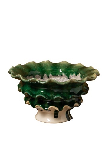 Bol pentru fructe din ceramică artizanală natur cu margini sculptate ondulat, verde, 18,5 × 33 cm, „Corola"