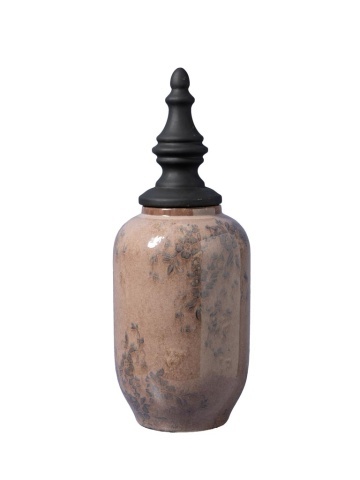 Borcan decorativ din ceramică artizanală roz cu capac negru sculptat, formă ovală, finisaj lucios, 46.5×18 cm, „Rosaire"