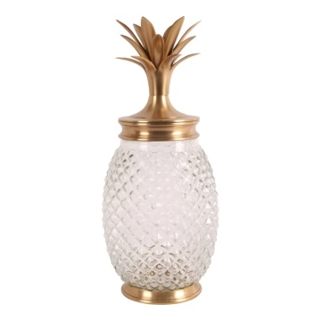 Borcan decorativ din sticlă și alamă, auriu, în formă de ananas, cu capac, 43 x 18 cm, „Tropea”