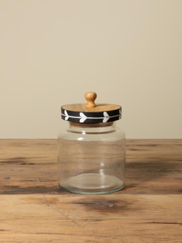 Borcan sticlă cu capac din lemn de mango, negru și natur, model cu frunze albe, mâner rotund, lucrat manual, 21 x 15 cm, „Sylve” - Img 6