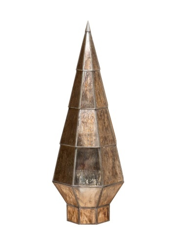 Brad decorativ din sticlă și metal, argintiu, formă conică, bază geometrică în trepte, finisaj patinat, 105 x 37 cm, „Grafik”