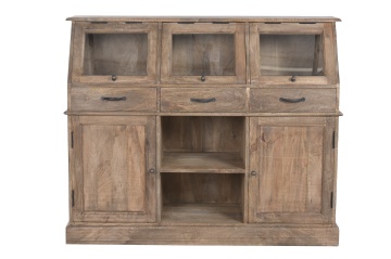 Bufet cu vitrină din lemn de mango, maro, cu 3 uși vitrate înclinate, 3 sertare, 2 uși și nișă deschisă, aspect rustic, 106 x 124 x 45 cm, „Aubenas”