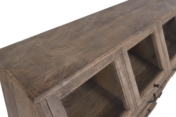 Bufet cu vitrină din lemn de mango, maro, cu 3 uși vitrate înclinate, 3 sertare, 2 uși și nișă deschisă, aspect rustic, 106 x 124 x 45 cm, „Aubenas” - Img 11