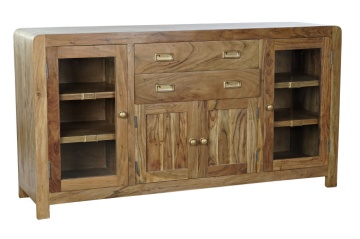 Bufet din lemn de acacia în stil campaign, natur, cu 2 uși vitrate, 2 uși cu panouri, 2 sertare și mânere încastrate, lungime 150 cm, „Amara” - Img 2
