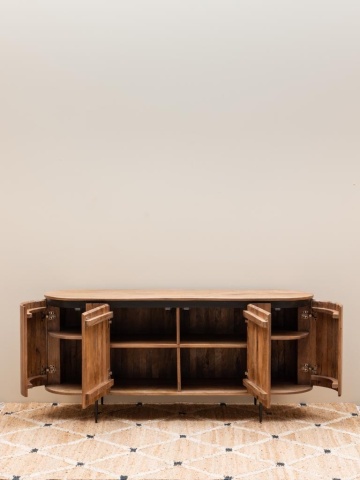 Bufet living din lemn de mango, maro, cu 4 uși din lame verticale, capete rotunjite și picioare din metal negru, 77 x 170 x 48 cm, „Ainigma” - Img 5
