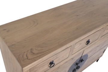 Bufet living în stil etnic din lemn de acacia, natur, cu 2 uși, 3 sertare și placă rotundă din metal negru, 92 x 118 x 40 cm, „Orissa” - Img 6