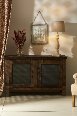 Bufet rustic din lemn de mango și acacia, natur, cu 2 uși cu plasă metalică și mânere din metal, 76 x 115 x 42 cm, „Campagne” - Img 9