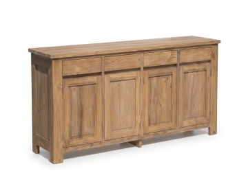 Bufet rustic din lemn de tec reciclat, natur, cu 4 uși cu panouri și 4 sertare, 90 x 150 x 50 cm, „Crillon”