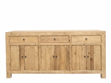 Bufet rustic din lemn de ulm reciclat, natur, cu 6 uși, 3 sertare și mânere cu inel din metal, 84 x 180 x 45 cm, „Tourrettes”