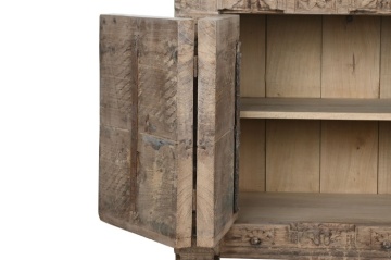 Bufet rustic din lemn reciclat, natur, cu 2 uși, decor sculptat manual și balamale fluture din metal, 92 x 167 x 51 cm, „Rigora” - Img 9