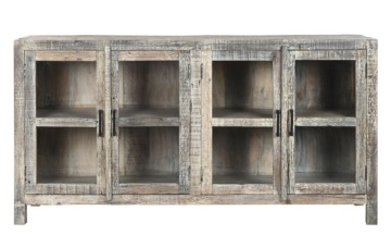 Bufet rustic din lemn reciclat, natur, cu 4 uși vitrate și mânere din metal negru, 90 x 170 x 40 cm, „Valmira”