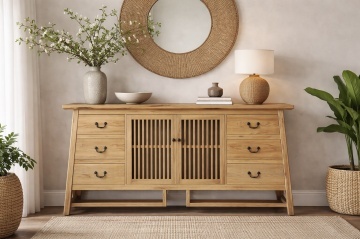 Bufet rustic în stil oriental, din lemn de ulm reciclat, natur, cu 2 uși cu grilaj, 6 sertare și siluetă trapezoidală, 79 x 180 x 42 cm, „Joyeuse” - Img 2