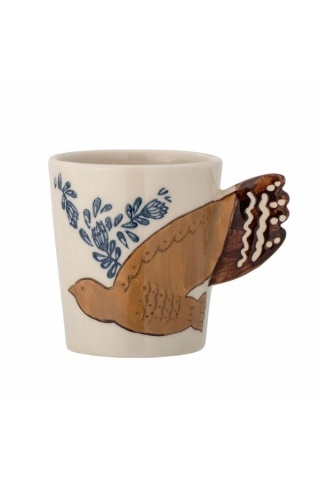 Cană din ceramică bej cu decor pasăre și ramuri pictate manual, mâner în formă de coadă de pasăre, 8x9 cm, "Hezha"
