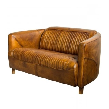 Canapea 2 locuri din piele naturală, cognac, aspect vintage, Pilot, 125 x 86 x 68 cm - Img 3