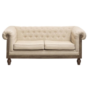 Canapea Chesterfield 2 locuri din in natur, cu cadru din lemn de mango la vedere și ținte decorative, 79 x 194 x 97,5 cm, „Bodega”