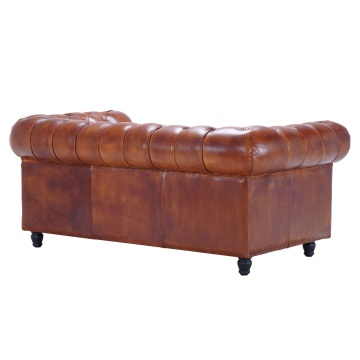 Canapea Chesterfield 2 locuri din piele naturală cognac, cu ținte decorative și picioare strunjite negre, 75 x 180 x 97 cm, „Classic Chic” - Img 2