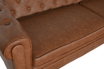 Canapea Chesterfield 3 locuri din piele ecologică maro, cu nasturi pe bază și picioare din lemn masiv, 70 x 218 x 78 cm, „Provence” - Img 2