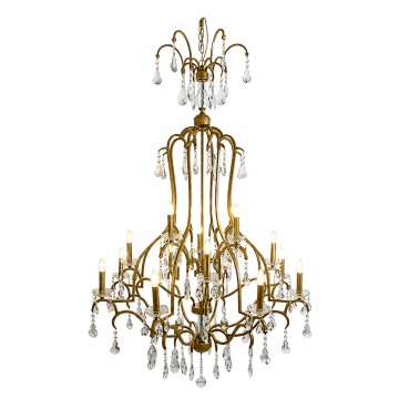 Candelabru din metal, auriu, cu 16 brațe tip lumânare și cristale din sticlă transparentă, 160 x 120 cm, „Cambridge”