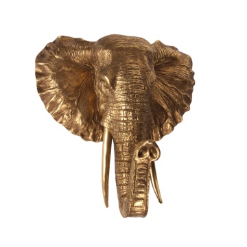 Cap de elefant decorativ de perete din polirășină, auriu, cu fildeși și urechi desfăcute, finisaj antichizat, 43,5 x 41,5 x 23 cm, „Mysore”