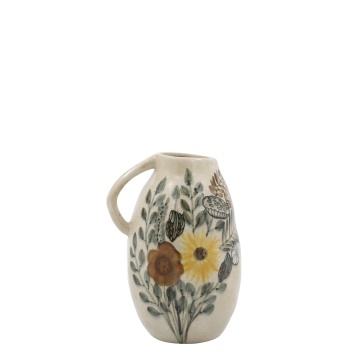 Carafă decorativă din ceramică cu motiv floral, H25/D17 cm, crem