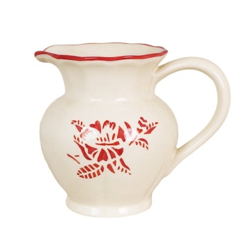 Carafă din ceramică artizanală, natur, cu motive florale pictate manual roșu și bordură decorativă, 15 cm, 1 l, „Marion"