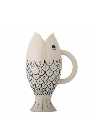 Carafa din ceramică natur în formă de pește cu solzi marini pictați manual albastru, 13×17,5 cm, "Eimy"