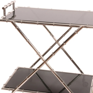 Cărucior de servire din oțel și sticlă, argintiu, cu două rafturi din sticlă, pe roți, cu picioare încrucișate, finisaj patinat, 88 x 82 x 56 cm, „Belle Époque” - Img 3