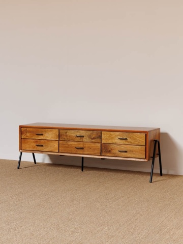 Comodă cu sertare, lungă, din lemn de mango și metal, natur, cu 6 sertare, picioare metalice și mânere negre, 60 x 188 x 48 cm, „Chapman” - Img 2