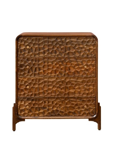 Comodă din lemn de mango cu 4 sertare , natur, cu decor sculptat în relief și mânere din alamă, 120x45x99 cm, „Atlas"