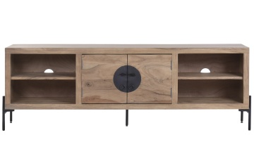 Comodă TV din lemn de acacia și metal, maro, cu 2 uși, 2 nișe cu rafturi, placă rotundă din metal și picioare metalice, 62 x 179,5 x 40 cm, „Orissa”
