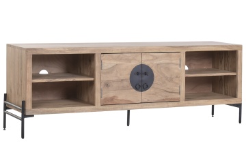 Comodă TV din lemn de acacia și metal, maro, cu 2 uși, 2 nișe cu rafturi, placă rotundă din metal și picioare metalice, 62 x 179,5 x 40 cm, „Orissa” - Img 2