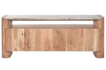 Comodă TV living din lemn de acacia, natur, cu 4 uși, nișă deschisă și blat din marmură, 60 x 150 x 40 cm, „Combourg”