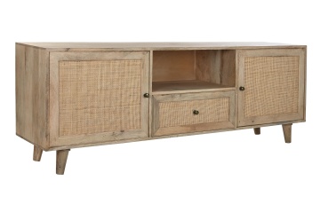 Comodă TV living din lemn de mango, natur, cu 2 uși din ratan împletit, 1 sertar și nișă deschisă, 64 x 180 x 40 cm, „Pornic”