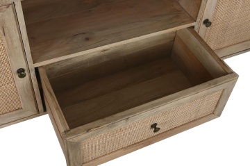 Comodă TV living din lemn de mango, natur, cu 2 uși din ratan împletit, 1 sertar și nișă deschisă, 64 x 180 x 40 cm, „Pornic” - Img 6
