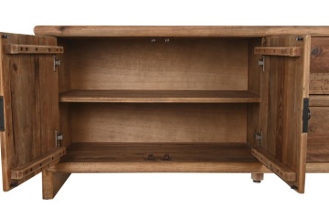 Comodă TV living din lemn reciclat, natur, cu 2 uși, 2 sertare și mâner rotund din metal negru, 65 x 156 x 44 cm, „Haven” - Img 4